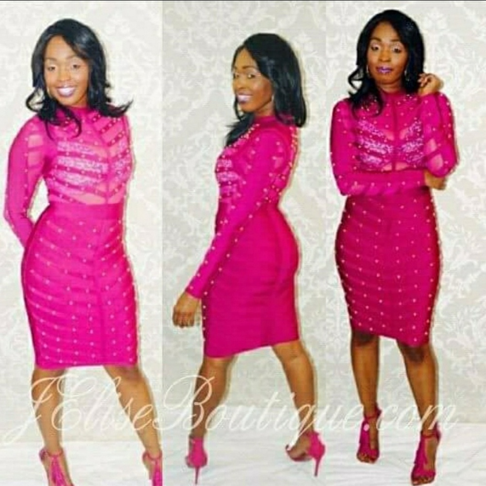 Long Sleeve Midi Wine Gold Studded Bandage Dress